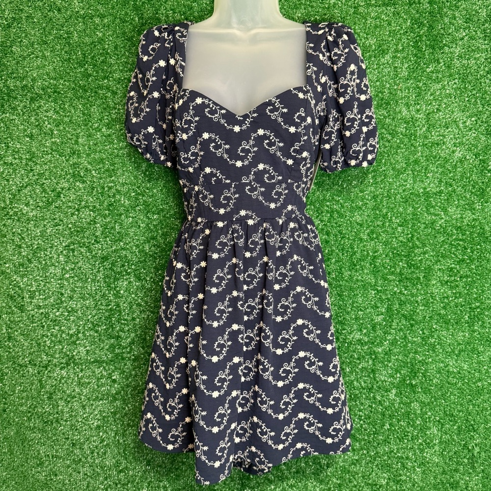 Francesca's Collection Gena Tie Back Embroidered Navy Puff Sleeve Mini Dress - Picture 4 of 16